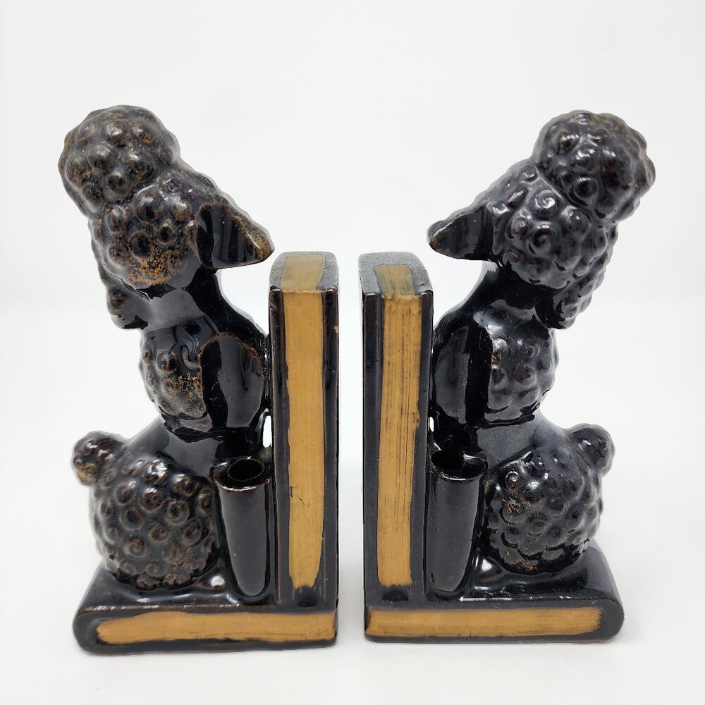 Vtg MCM Japan Redware Ceramic 6" Black & Gold Poodle Dog Bookends Pen Holders - Picture 4 of 11